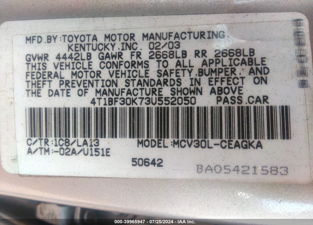 2003 TOYOTA CAMRY XLE V6 VIN: 4T1BF30K73U552050