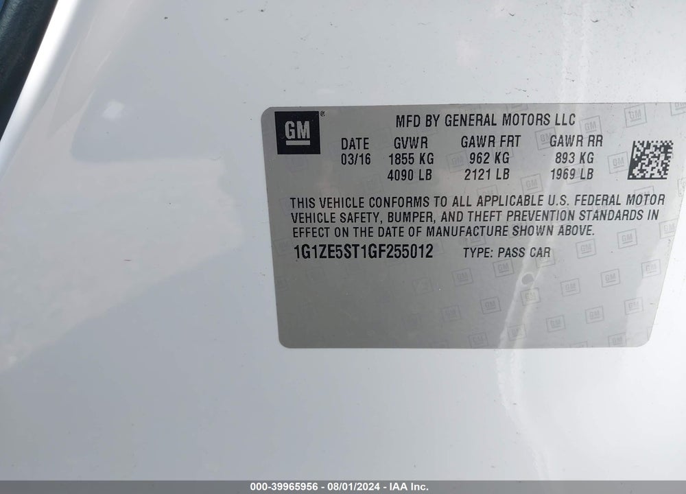 2016 CHEVROLET MALIBU 1LT VIN: 1G1ZE5ST1GF255012