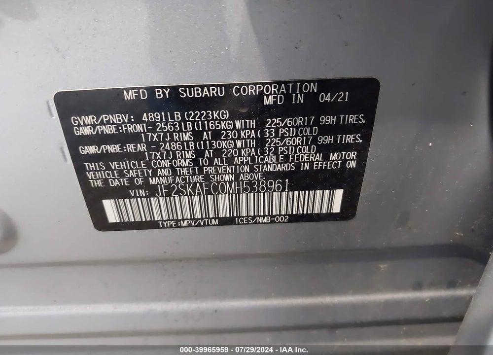 2021 SUBARU FORESTER VIN: JF2SKAFC0MH538961