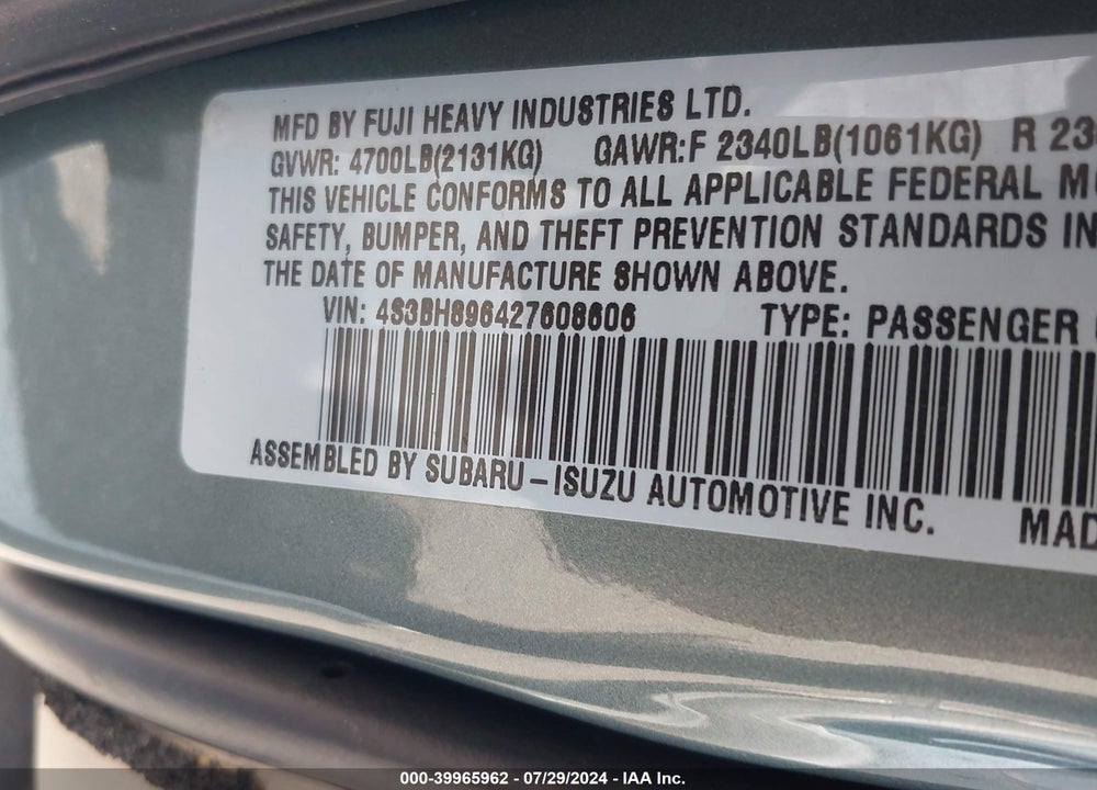 2002 SUBARU OUTBACK H6-3.0 VDC VIN: 4S3BH896427608606