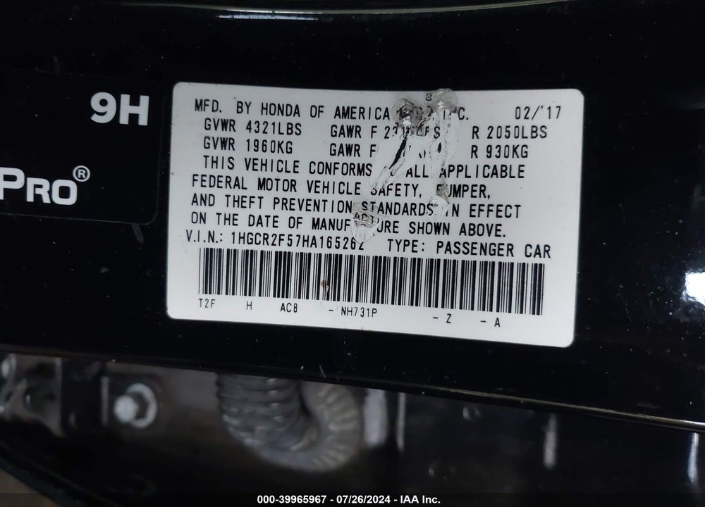 2017 HONDA ACCORD VIN: 1HGCR2F57HA165262