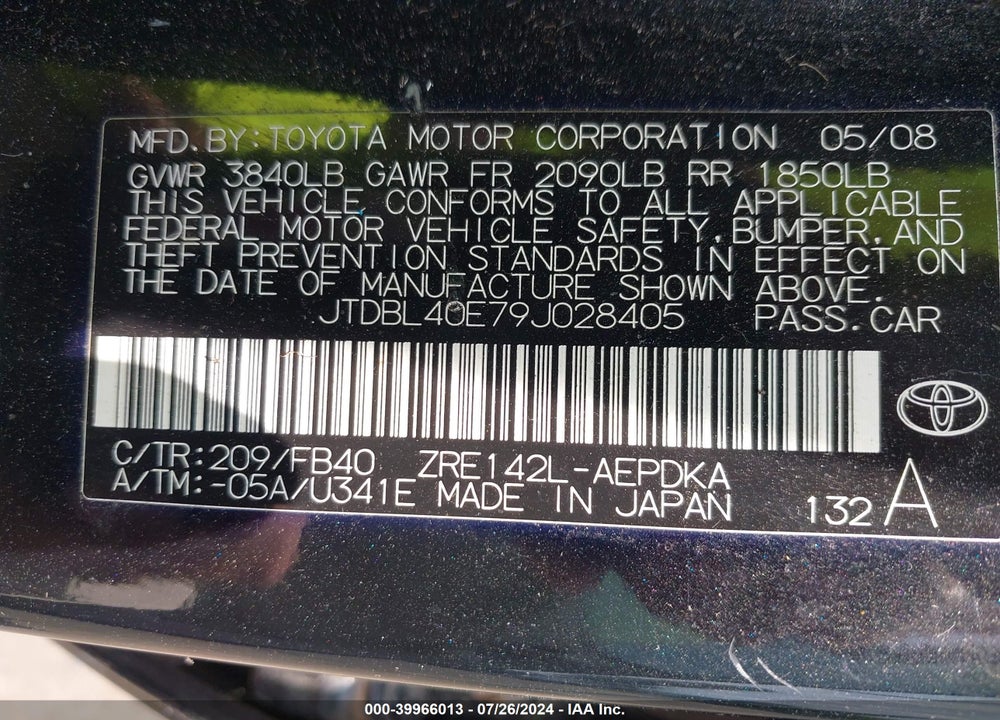 2009 TOYOTA COROLLA LE VIN: JTDBL40E79J028405
