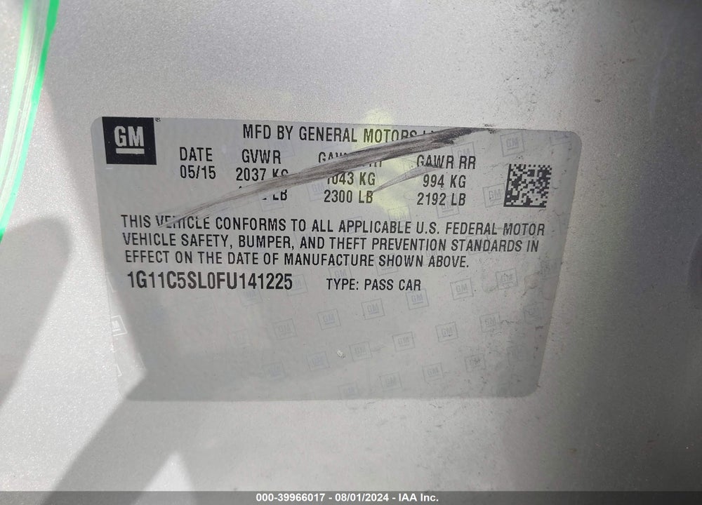2015 CHEVROLET MALIBU 1LT VIN: 1G11C5SL0FU141225