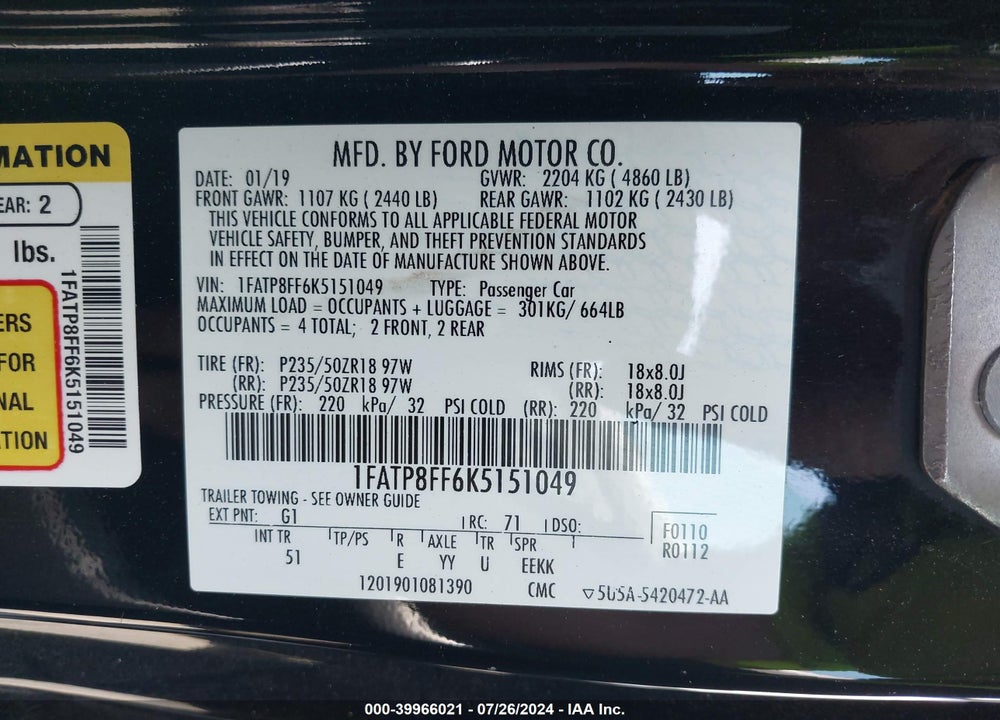 2019 FORD MUSTANG VIN: 1FATP8FF6K5151049