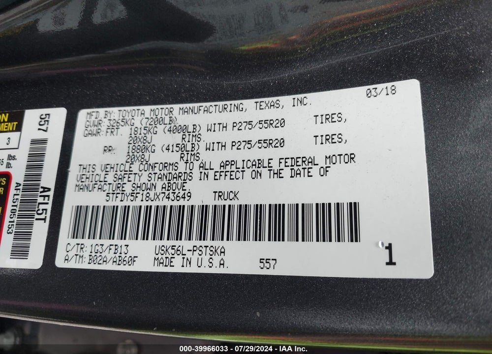 2018 TOYOTA TUNDRA SR5 5.7L V8 VIN: 5TFDY5F18JX743649