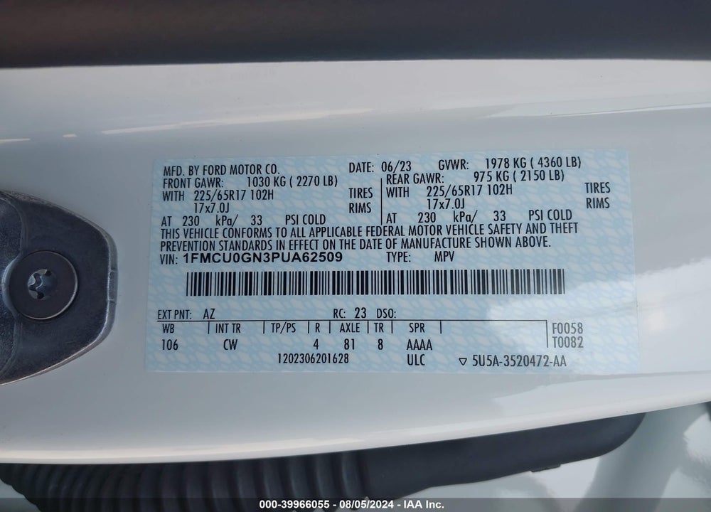 2023 FORD ESCAPE ACTIVE VIN: 1FMCU0GN3PUA62509