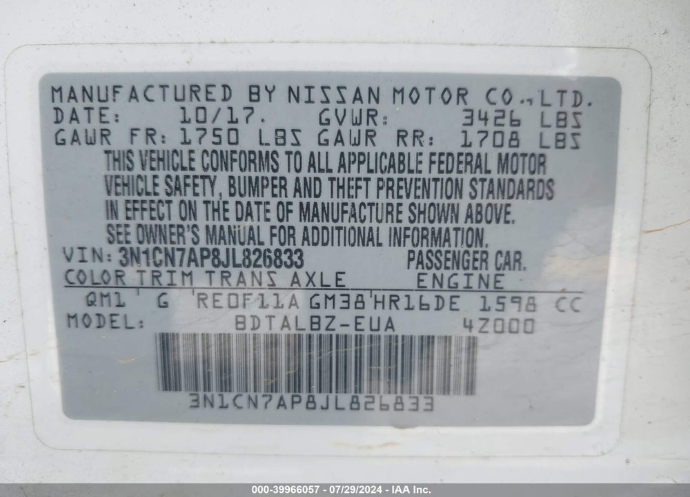 2018 NISSAN VERSA 1.6 SV VIN: 3N1CN7AP8JL826833