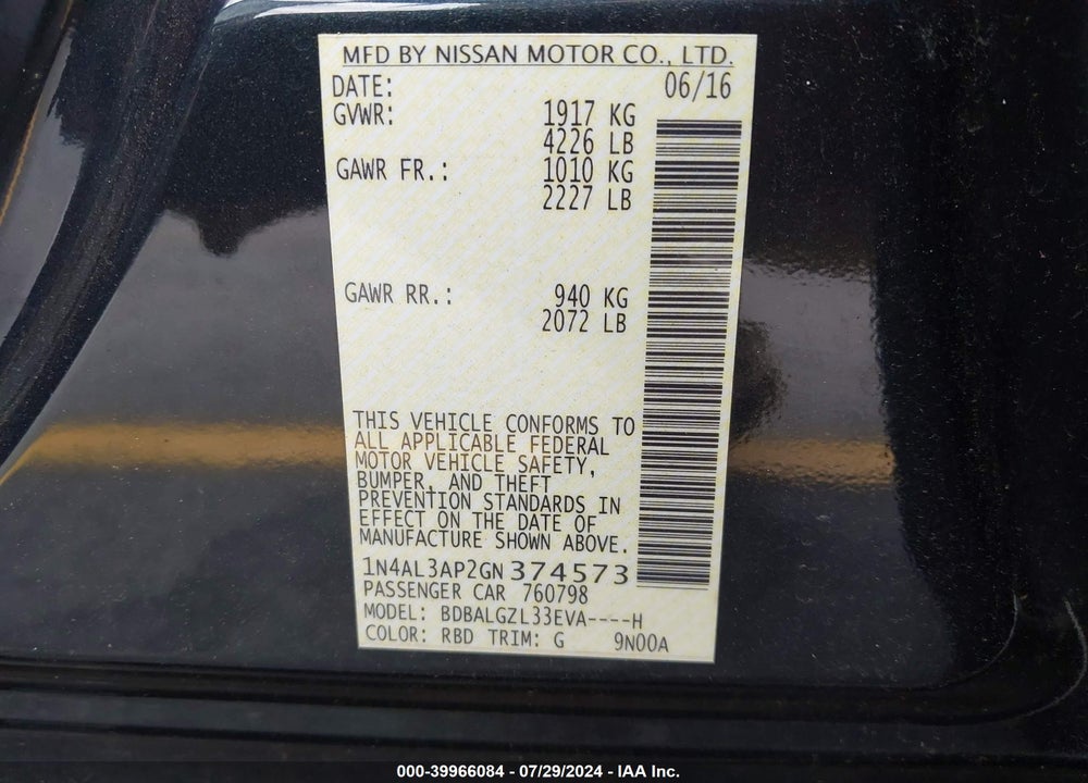 2016 NISSAN ALTIMA 2.5 S VIN: 1N4AL3AP2GN374573