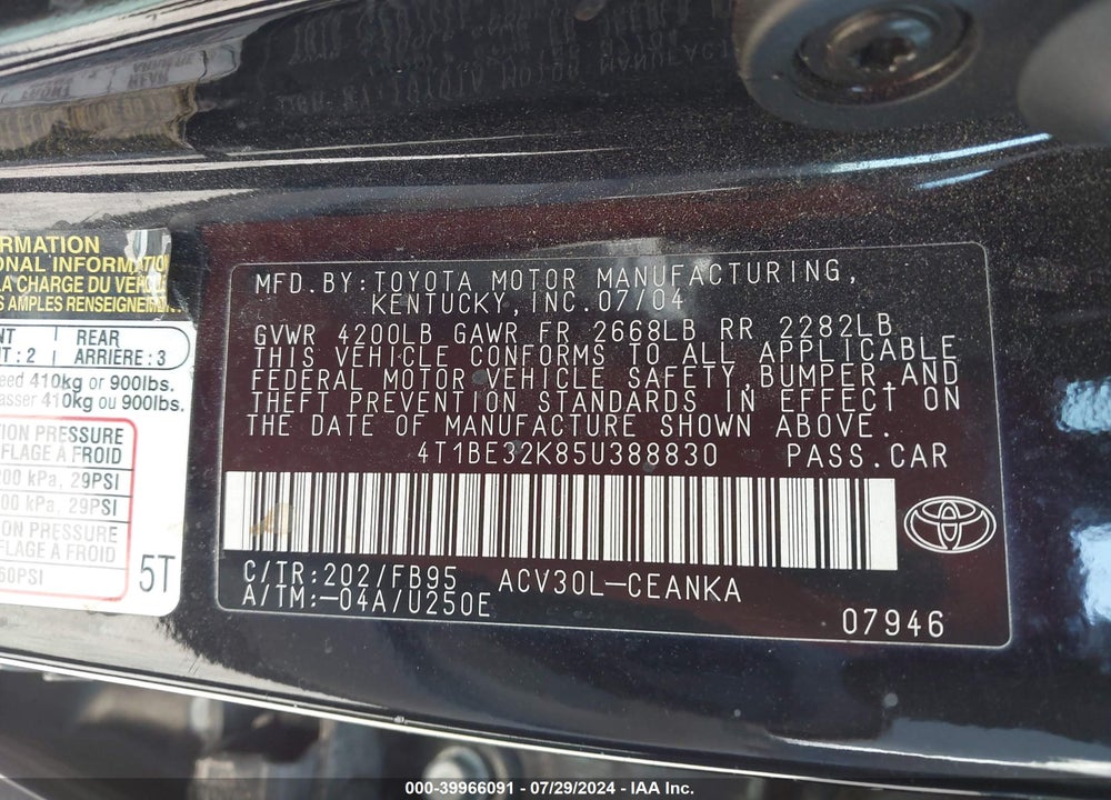 2005 TOYOTA CAMRY STD/ VIN: 4T1BE32K85U388830