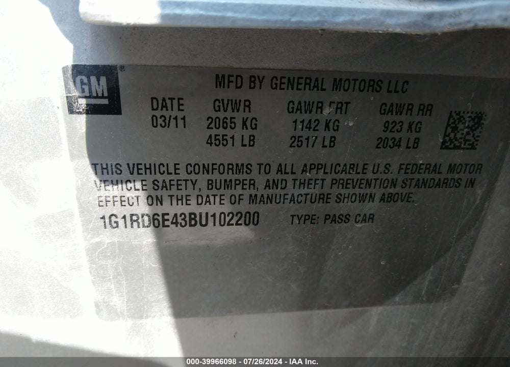 2011 CHEVROLET VOLT VIN: 1G1RD6E43BU102200