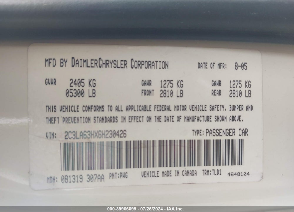 2006 CHRYSLER 300C VIN: 2C3LA63HX6H230426