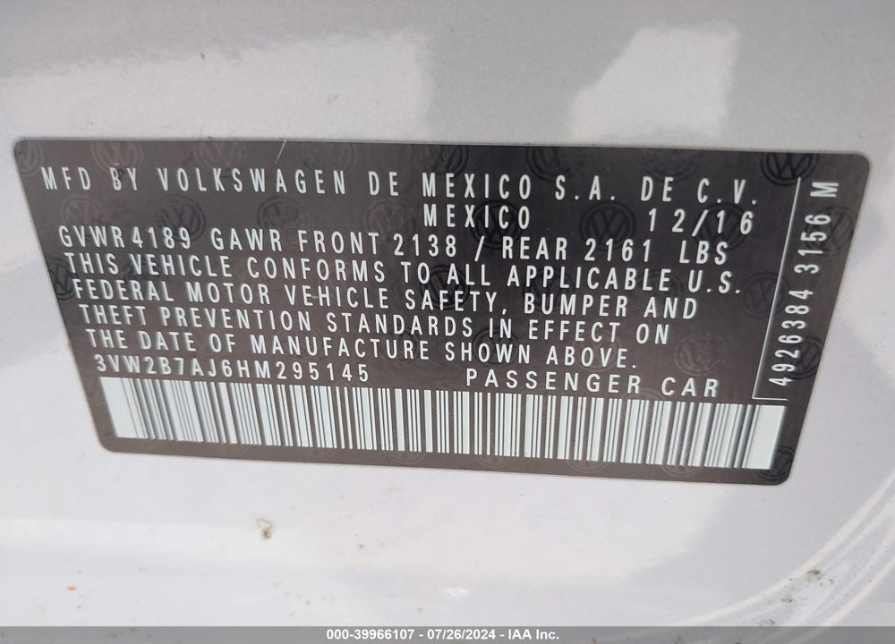 2017 VOLKSWAGEN JETTA 1.4T S VIN: 3VW2B7AJ6HM295145