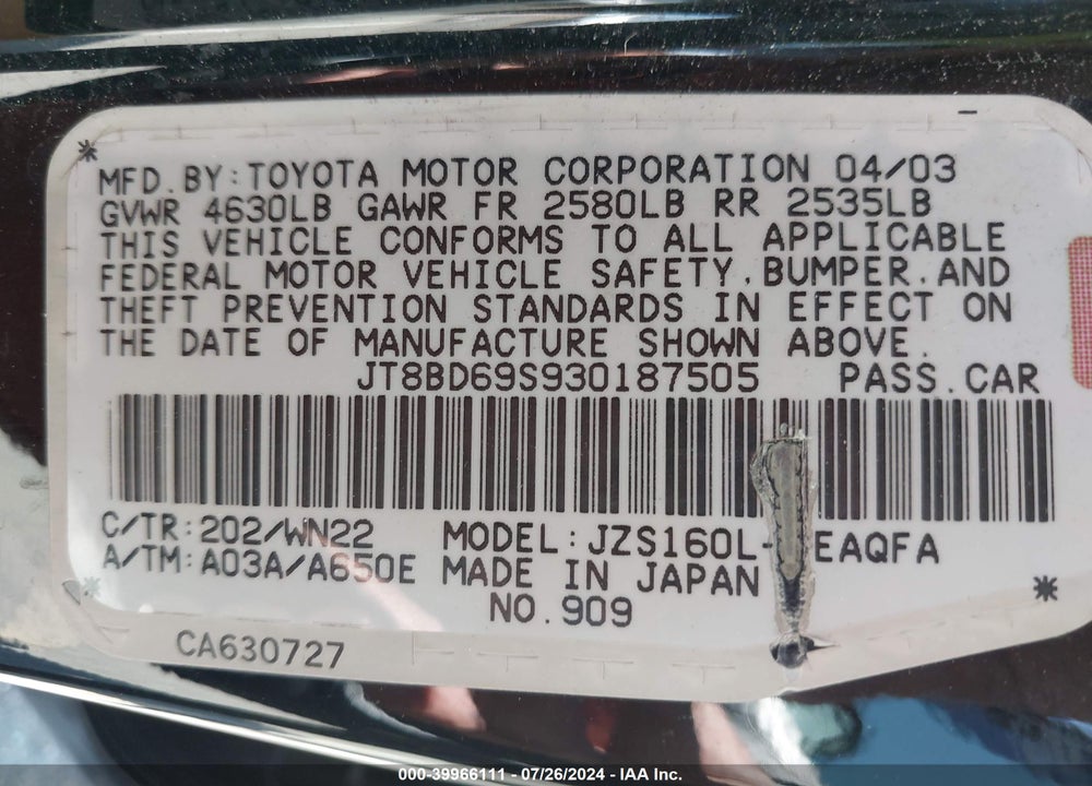 2003 LEXUS GS 300 VIN: JT8BD69S930187505