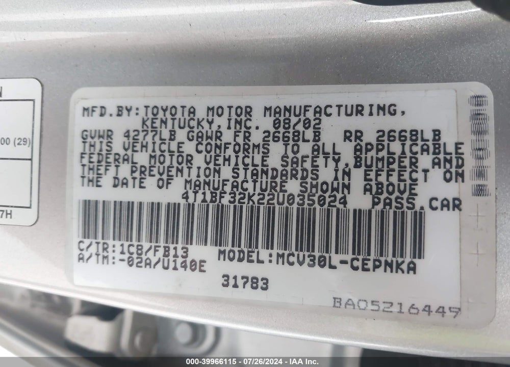 2002 TOYOTA CAMRY LE V6 VIN: 4T1BF32K22U035024
