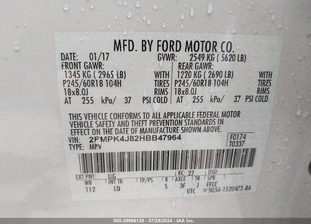 2017 FORD EDGE VIN: 2FMPK4J82HBB47964