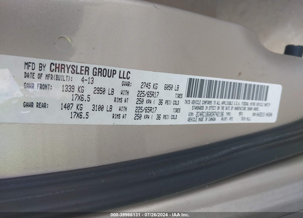 2013 CHRYSLER TOWN & COUNTRY TOURING VIN: 2C4RC1BG0DR742196