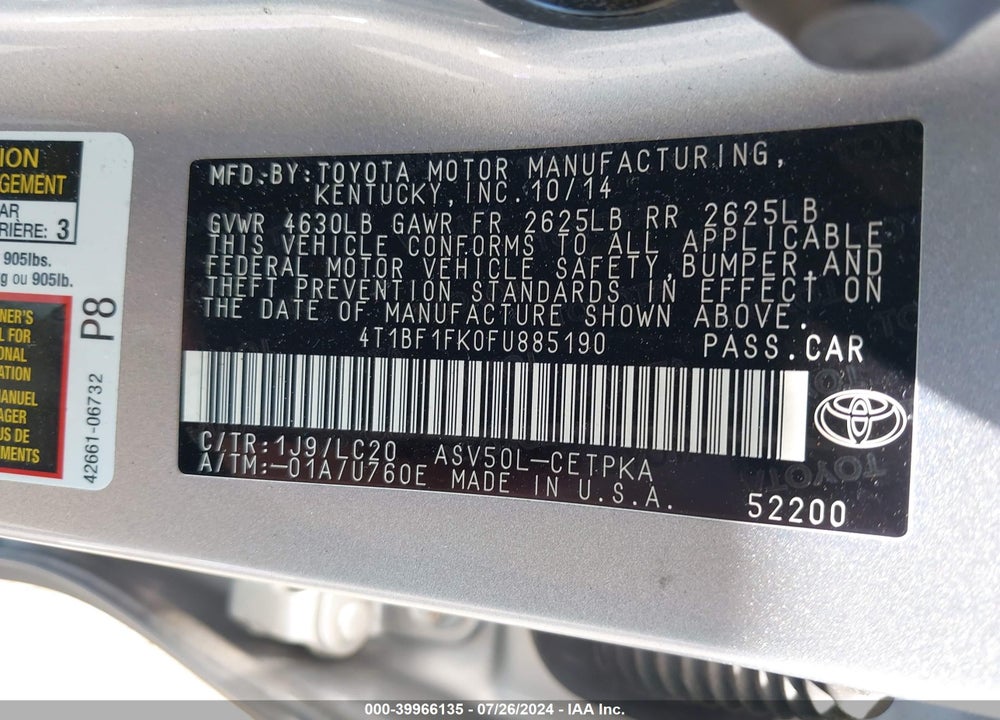 2015 TOYOTA CAMRY XSE VIN: 4T1BF1FK0FU885190