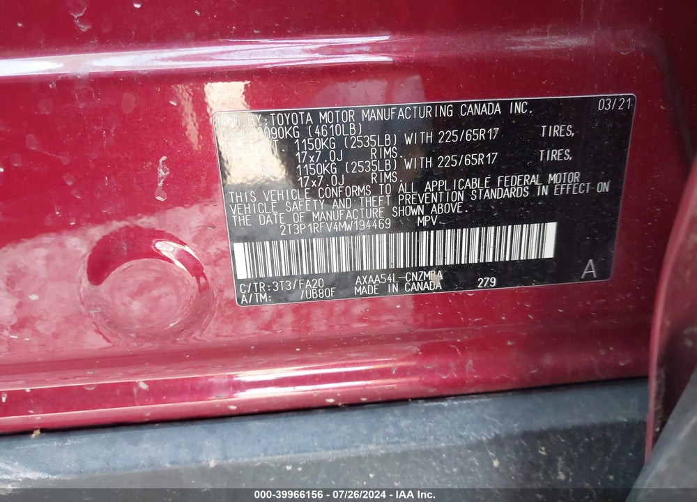 2021 TOYOTA RAV4 XLE VIN: 2T3P1RFV4MW194469