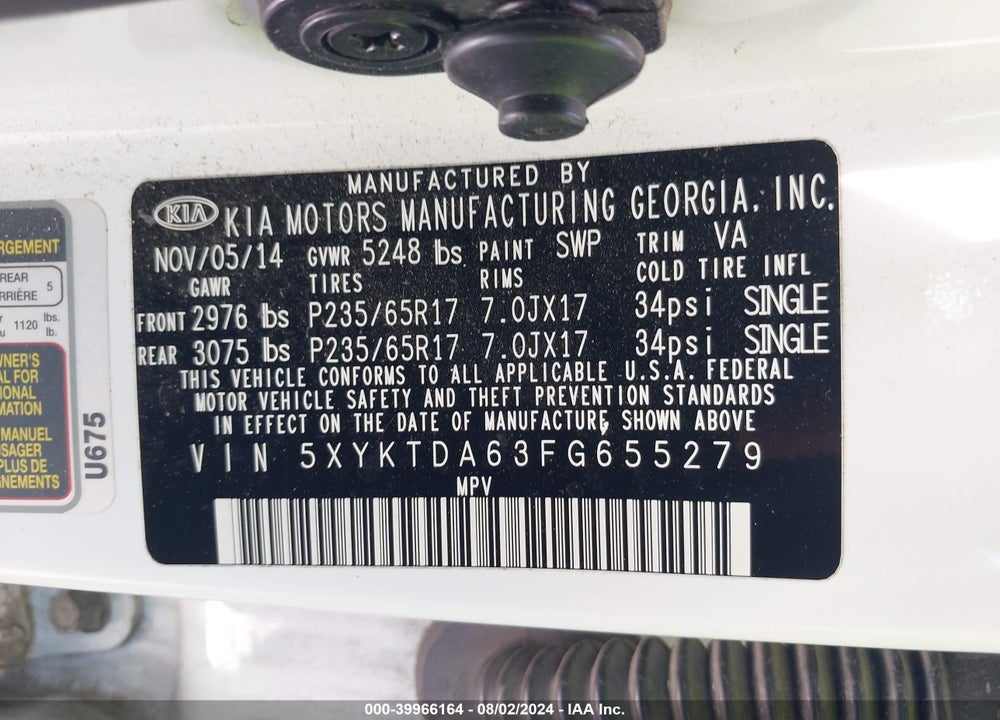 2015 KIA SORENTO LX VIN: 5XYKTDA63FG655279