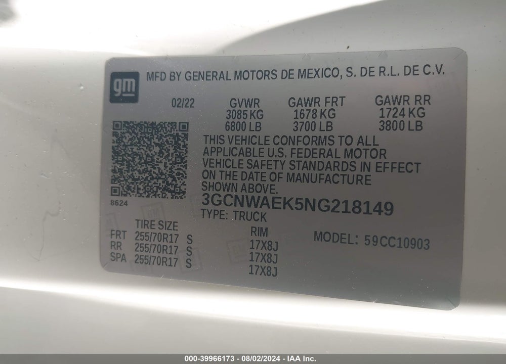 2022 CHEVROLET SILVERADO 1500 LTD 2WD REGULAR CAB LONG BED WT VIN: 3GCNWAEK5NG218149