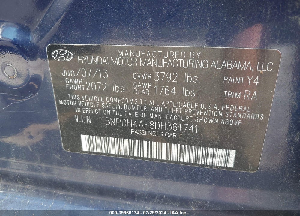 2013 HYUNDAI ELANTRA GLS VIN: 5NPDH4AE8DH361741