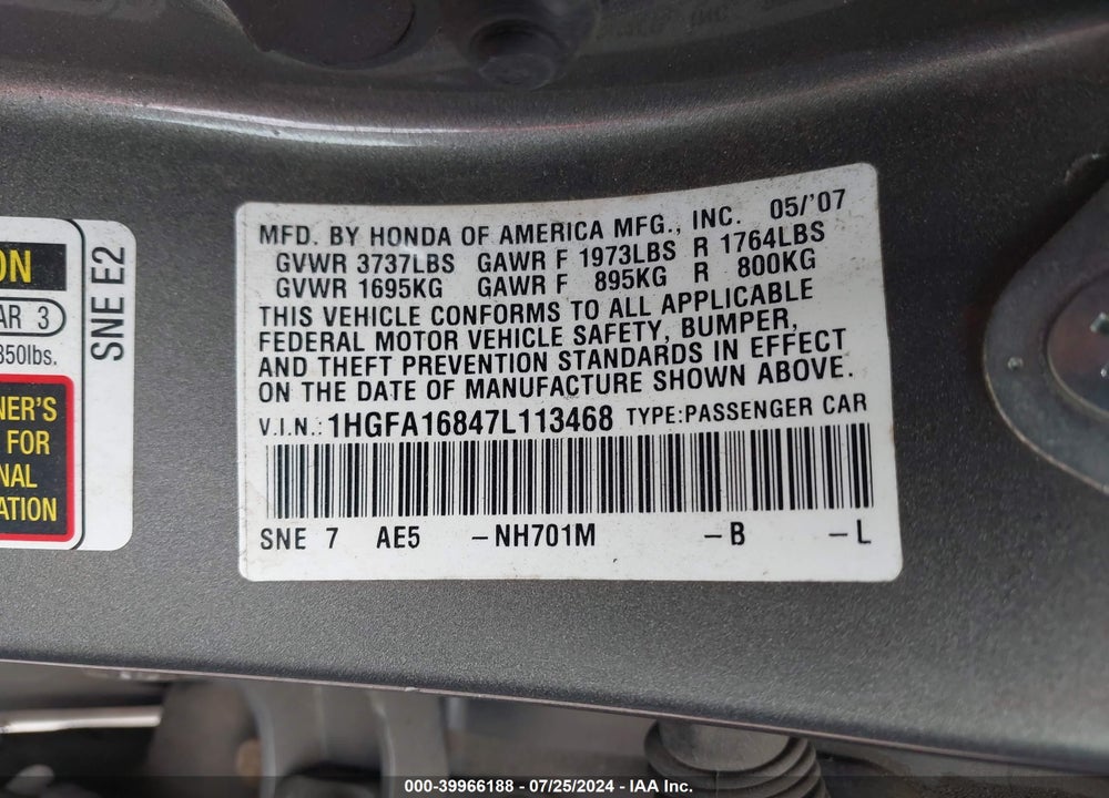 2007 HONDA CIVIC EX VIN: 1HGFA16847L113468