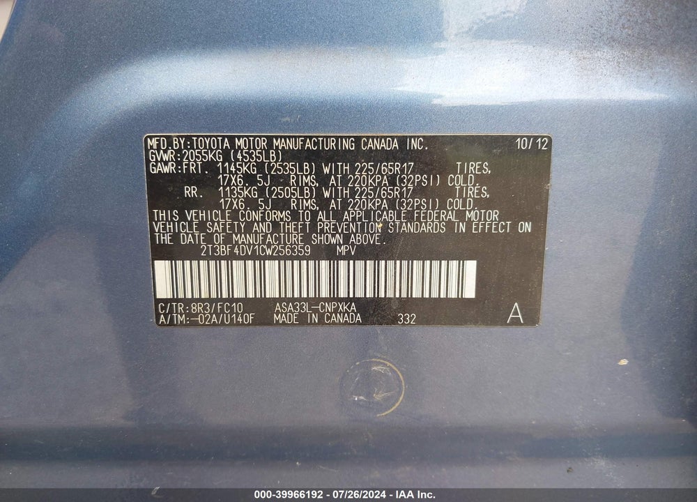2012 TOYOTA RAV4 VIN: 2T3BF4DV1CW256359