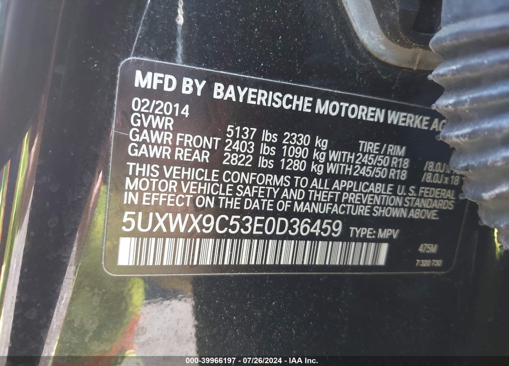 2014 BMW X3 XDRIVE28I VIN: 5UXWX9C53E0D36459