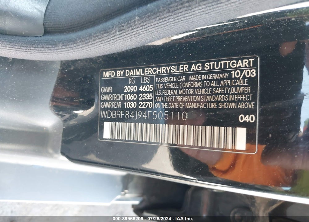 2004 MERCEDES-BENZ C 320 4MATIC VIN: WDBRF84J94F505110