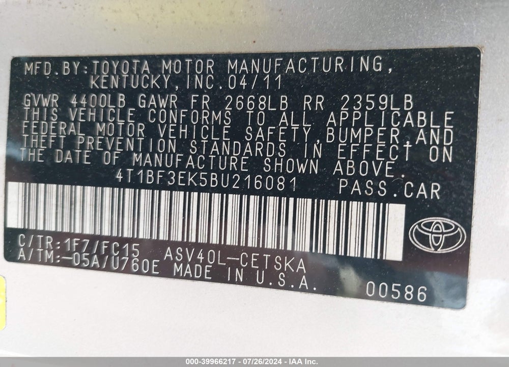 2011 TOYOTA CAMRY SE VIN: 4T1BF3EK5BU216081