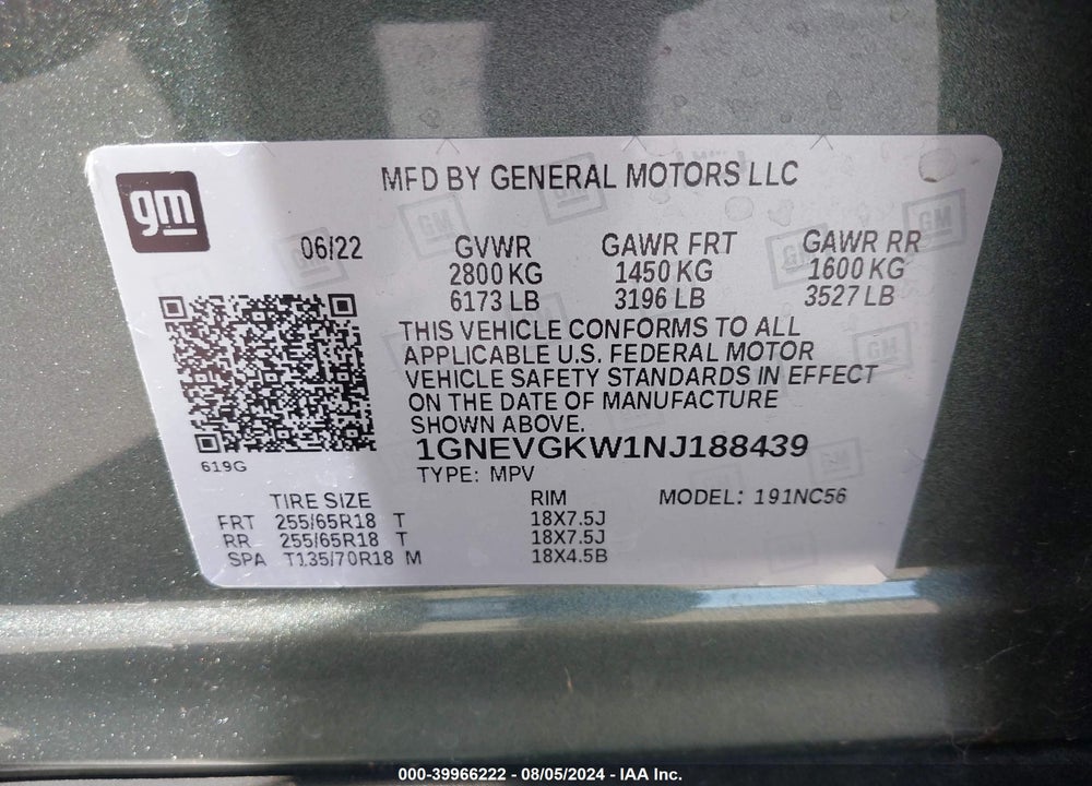 2022 CHEVROLET TRAVERSE VIN: 1GNEVGKW1NJ188439