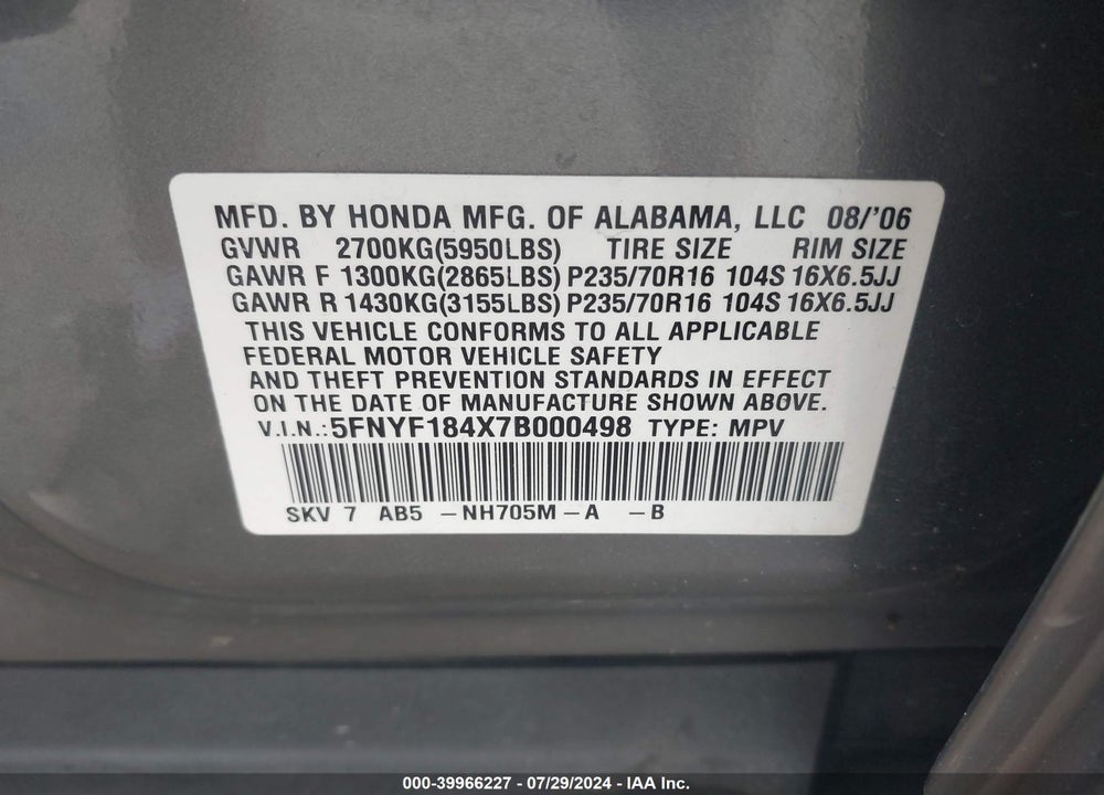 2007 HONDA PILOT EX VIN: 5FNYF184X7B000498