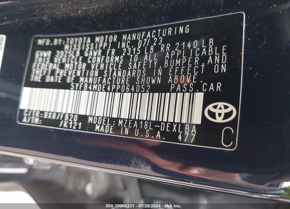 2023 TOYOTA COROLLA LE VIN: 5YFB4MDE4PP064052