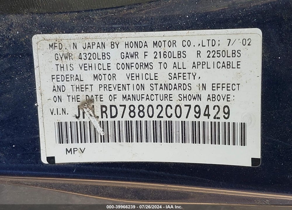 2002 HONDA CR-V EX VIN: JHLRD78802C079429