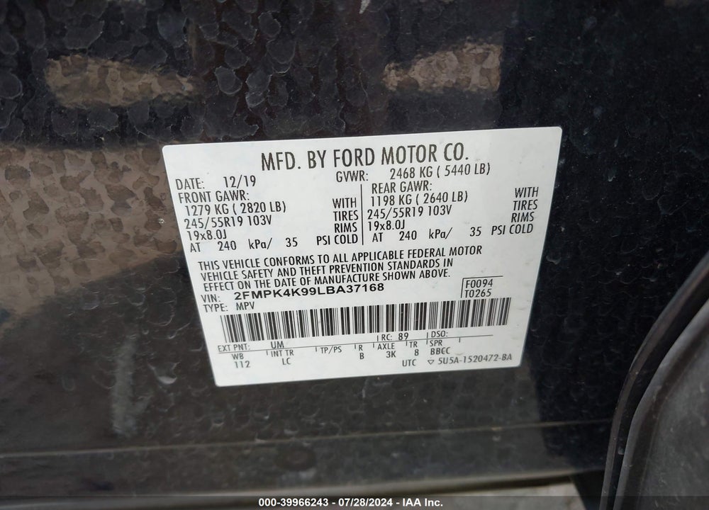 2020 FORD EDGE TITANIUM VIN: 2FMPK4K99LBA37168