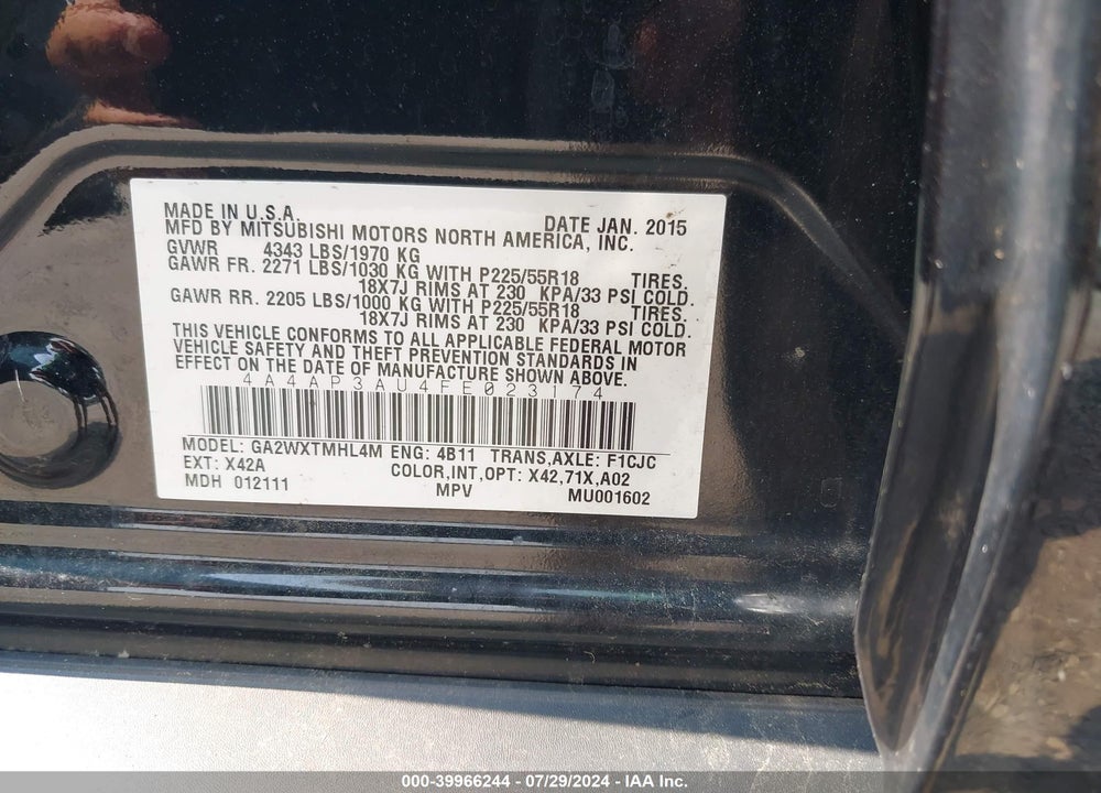 2015 MITSUBISHI OUTLANDER SPORT ES VIN: 4A4AP3AU4FE023174