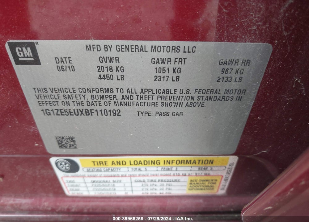 2011 CHEVROLET MALIBU LTZ VIN: 1G1ZE5EUXBF110192