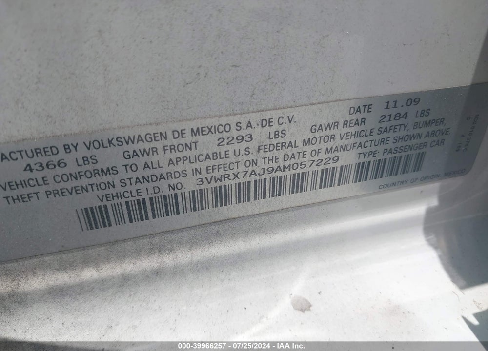 2010 VOLKSWAGEN JETTA SE VIN: 3VWRX7AJ9AM057229