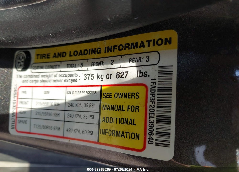 2014 FORD FOCUS SE VIN: 1FADP3F20EL390648