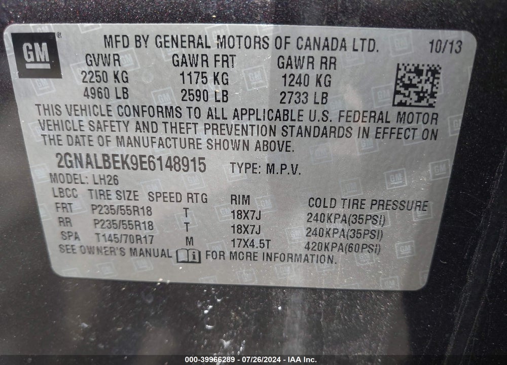 2014 CHEVROLET EQUINOX 1LT VIN: 2GNALBEK9E6148915