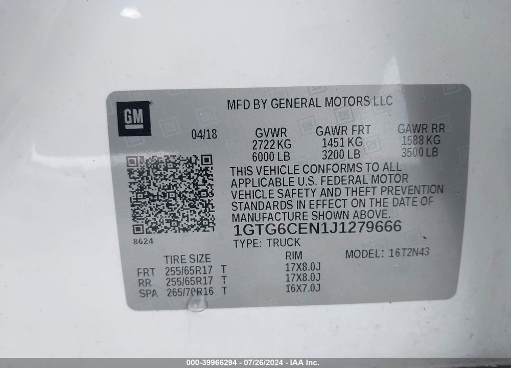 2018 GMC CANYON SLE VIN: 1GTG6CEN1J1279666