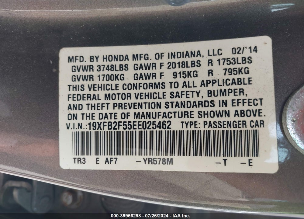 2014 HONDA CIVIC LX VIN: 19XFB2F55EE025462