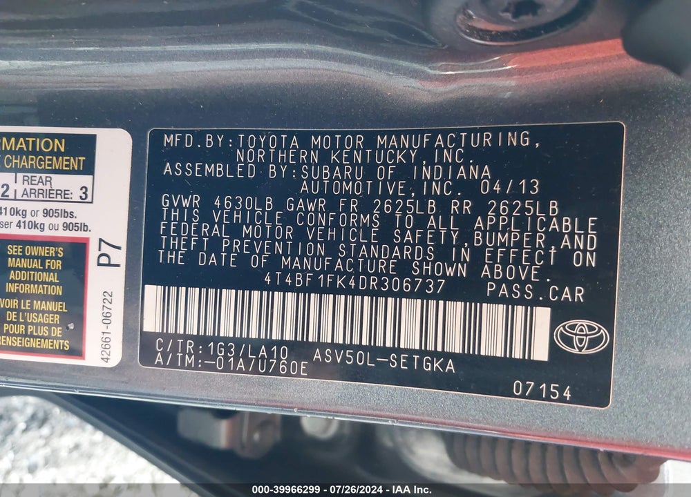 2013 TOYOTA CAMRY L/LE/SE/XLE VIN: 4T4BF1FK4DR306737