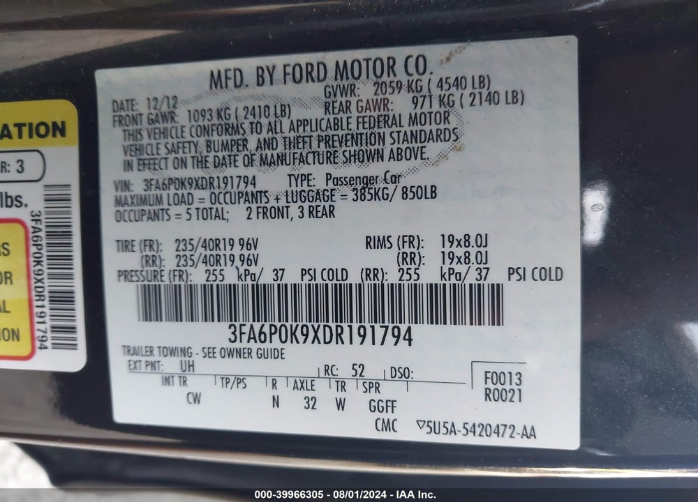 2013 FORD FUSION TITANIUM VIN: 3FA6P0K9XDR191794