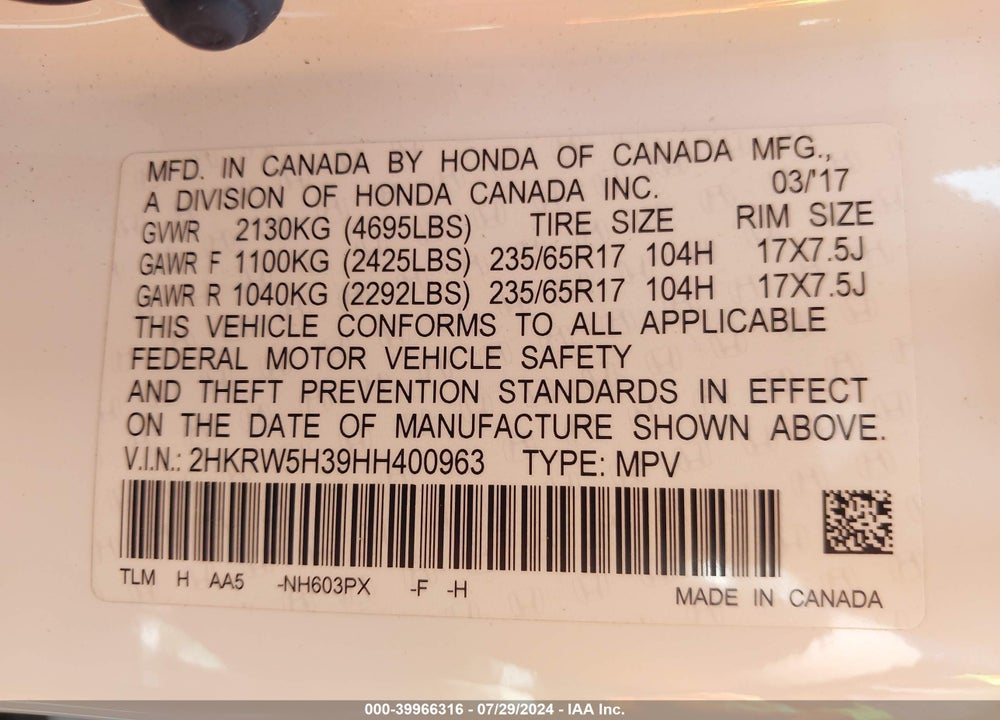 2017 HONDA CR-V LX VIN: 2HKRW5H39HH400963