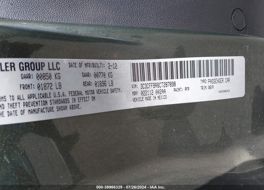 2012 FIAT 500 SPORT VIN: 3C3CFFBR8CT287898