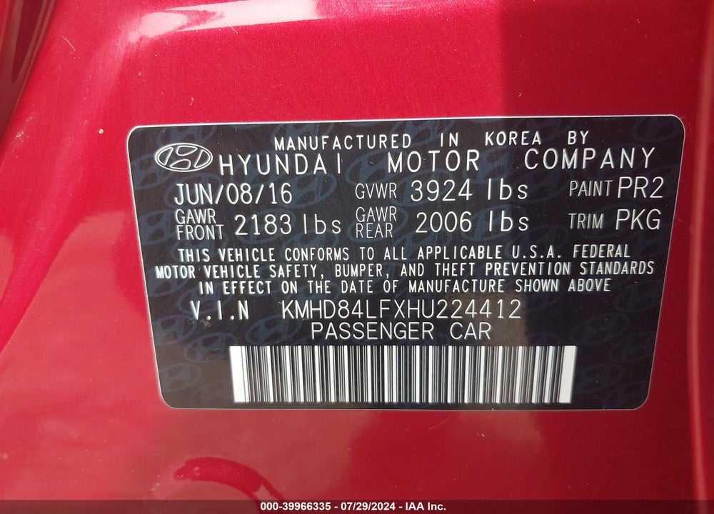 2017 HYUNDAI ELANTRA VIN: KMHD84LFXHU224412