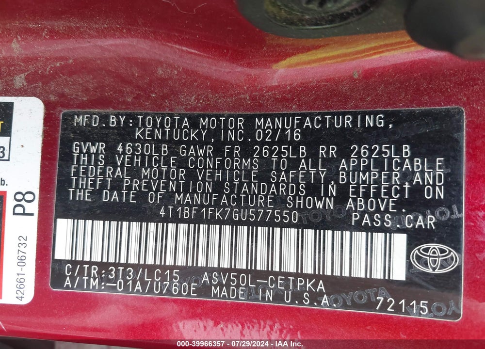 2016 TOYOTA CAMRY XSE VIN: 4T1BF1FK7GU577550