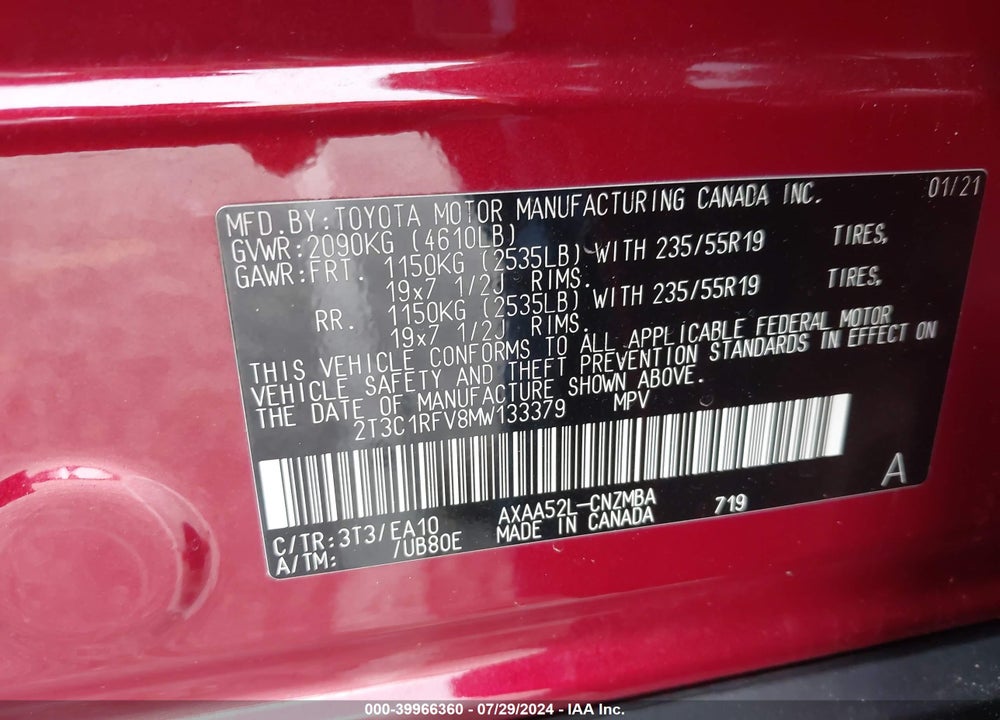2021 TOYOTA RAV4 XLE PREMIUM VIN: 2T3C1RFV8MW133379