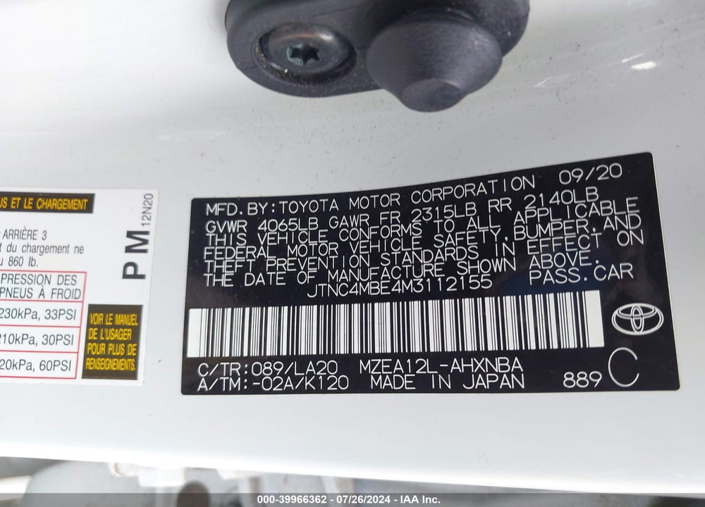 2021 TOYOTA COROLLA XSE VIN: JTNC4MBE4M3112155